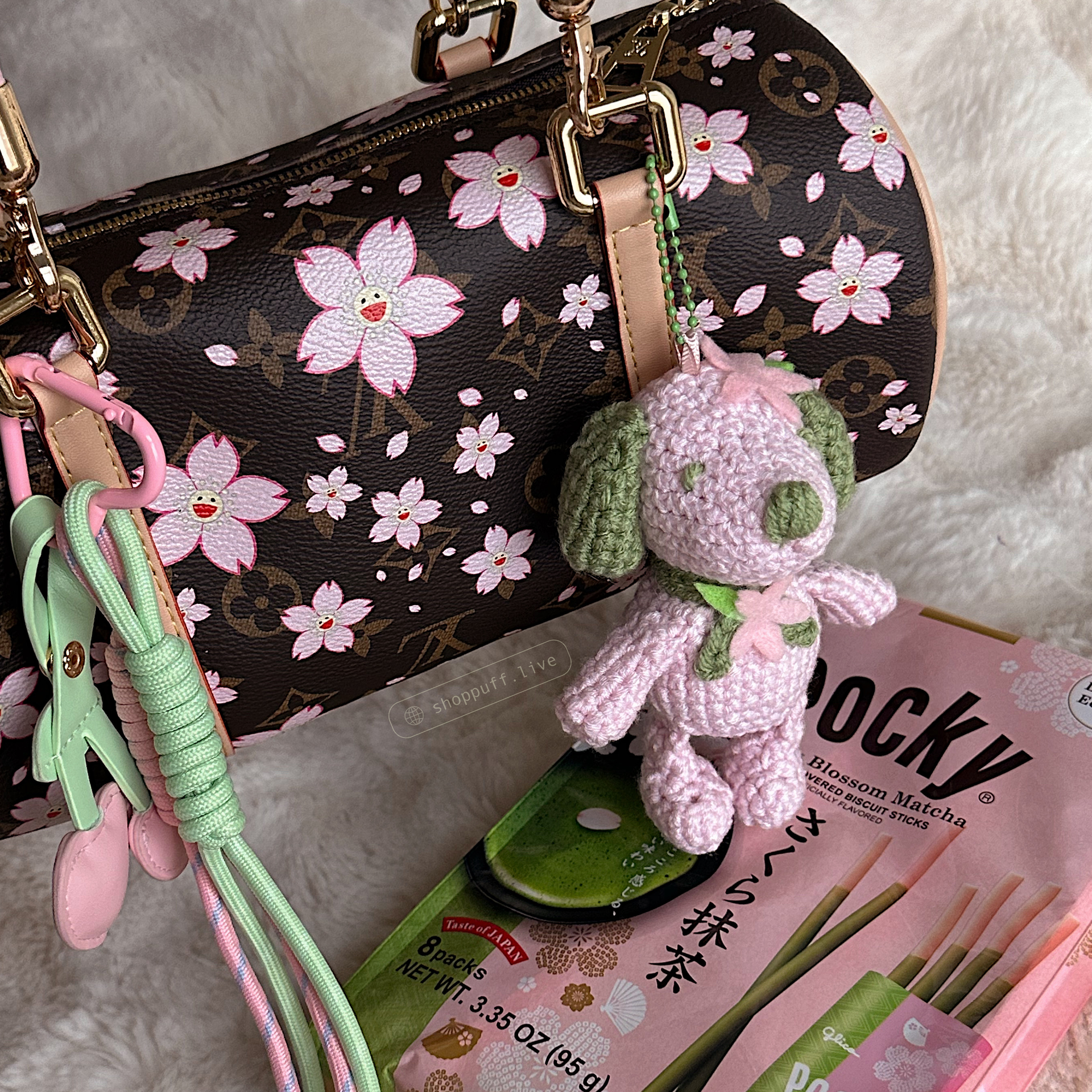 PRE-ORDER ✧ Crochet Matcha Cherry Blossom Esnupi Bag Charm – Shop