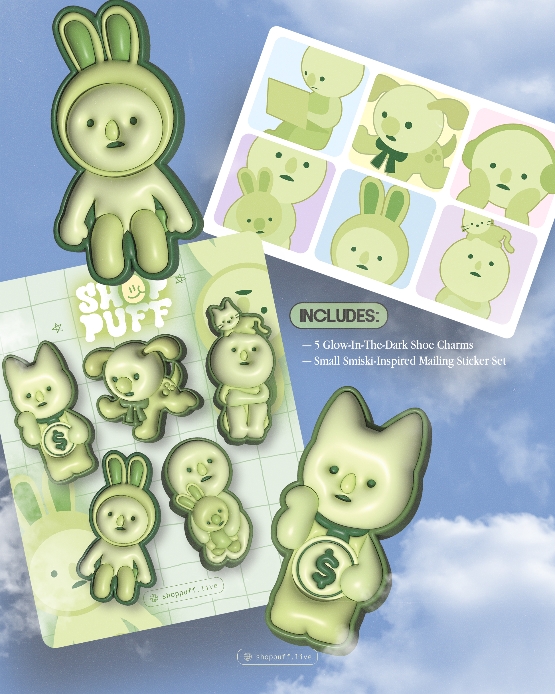 【SHOUIA/ショウイア】 SPICE OF LIFE CHARM Glow-In-The-Dark Schmeeski Shoe Charms ✧ Set of Five – Shop